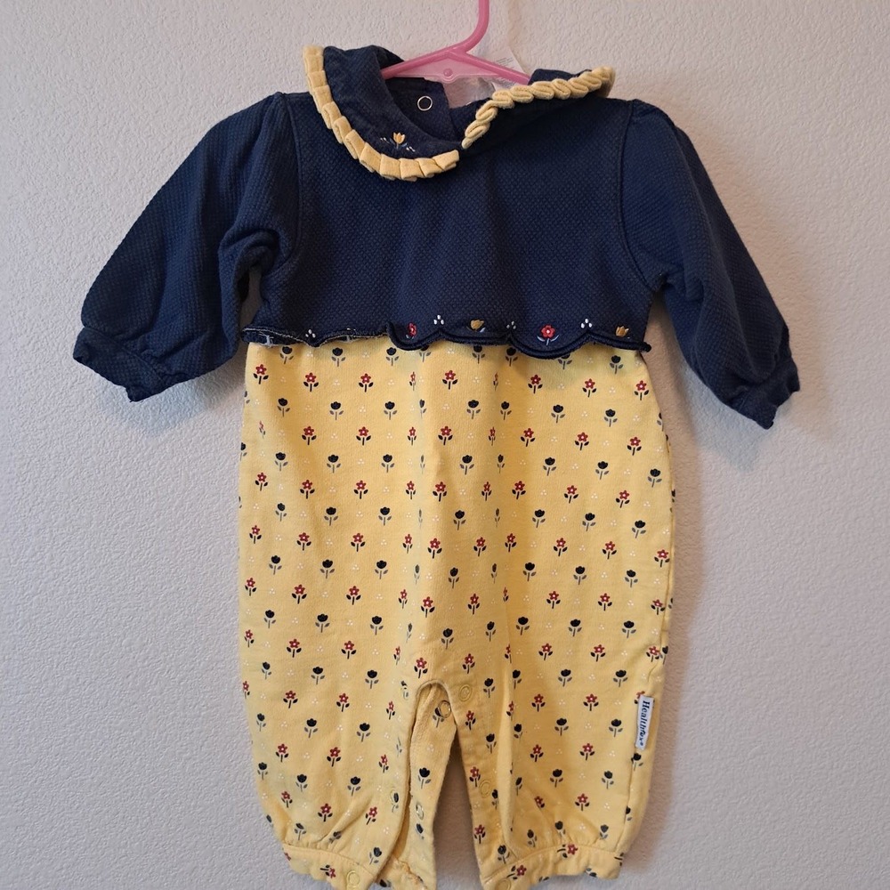 Vintage Healthtex Baby Girls Floral Romper Navy Yellow Cotton 6-9M Long Sleeve